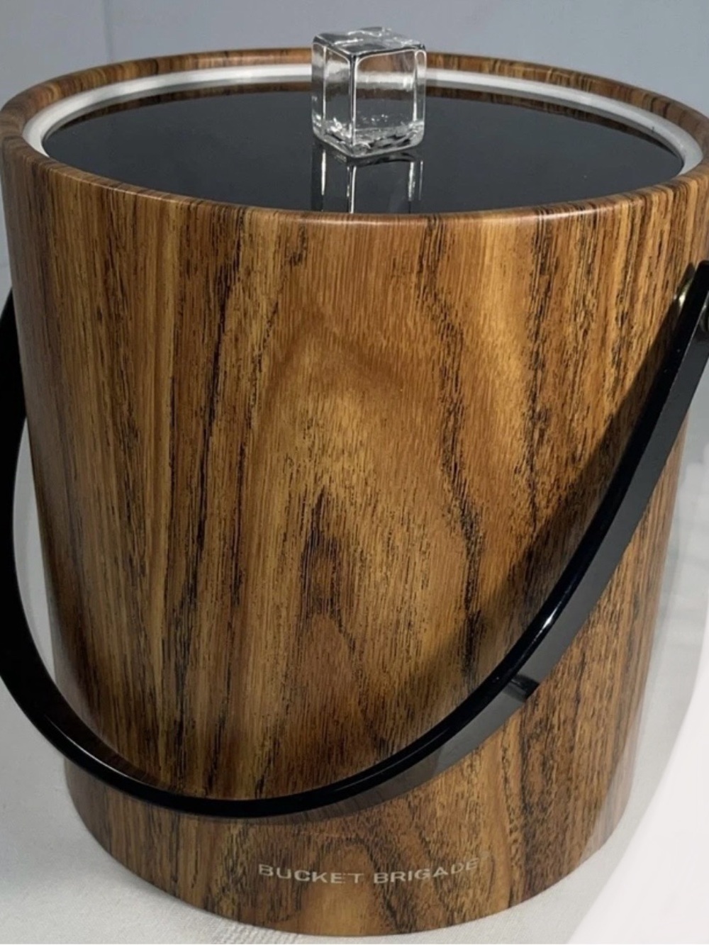 Vintage Morgan Designs Bucket Brigade Woodgrain Ice Bucket with Black Handle
